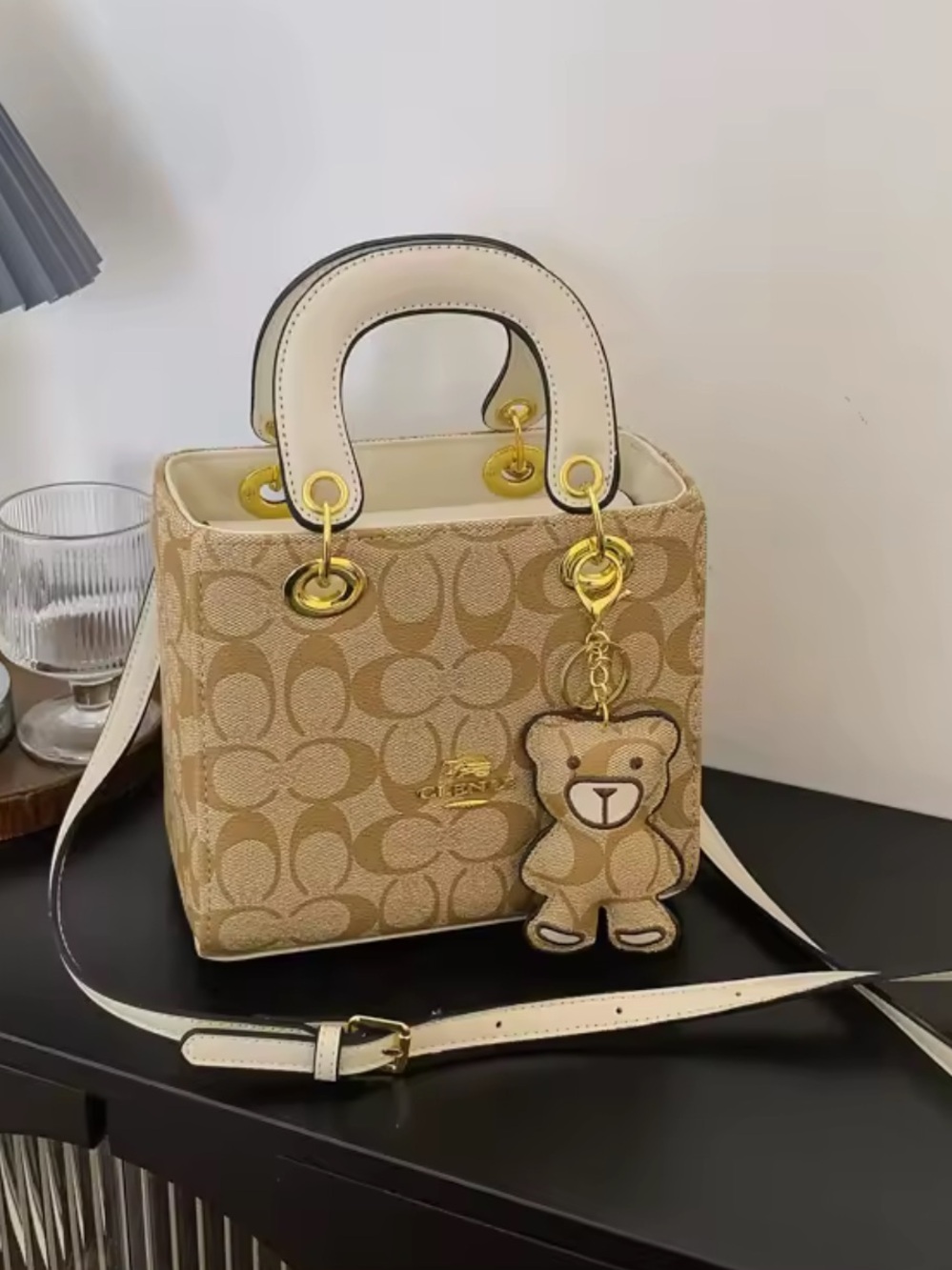 New Inspired Beige Signature Canvas Satchel with White Trim and Bear Charm